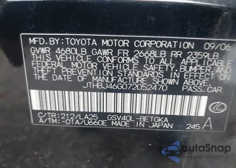 2007 Lexus Es 350 from USA, damaged, VIN JTHBJ46G072052470